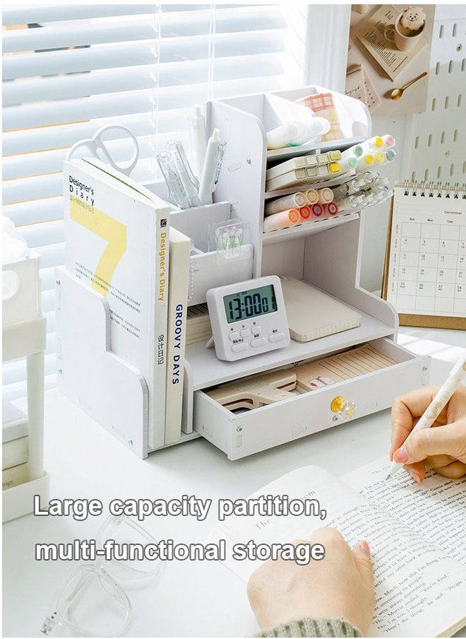 FLYROAD Desktop Organizer with Slanted Pen Holder, Shelf and Drawer for Office Supplies, Home, White  - Image 5