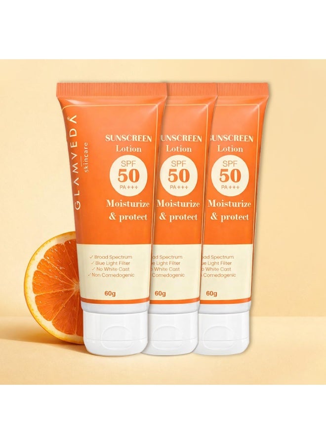 Glamveda Sunscreen Lotion Spf 50 PA+++ for Moisturize & Protect 60 ml (Pack Of 3)  | Transparent & Ultra-lightweight Sunscreen | Non-Greasy, Quick-Absorbing | Zero White Cast | For Women & Men - Image 1