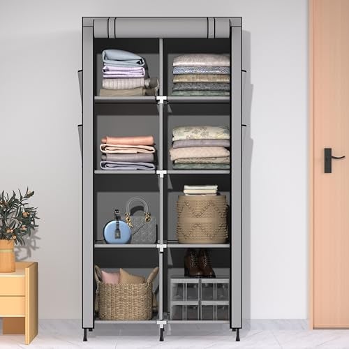 HAUSWAY Foldable Wardrobe for Clothes, Multipurpose Collapsible Fabric and Plastic Cupboard for Bedroom, 2-Door Wardrobe with 8 Shelves - Grey - Image 1