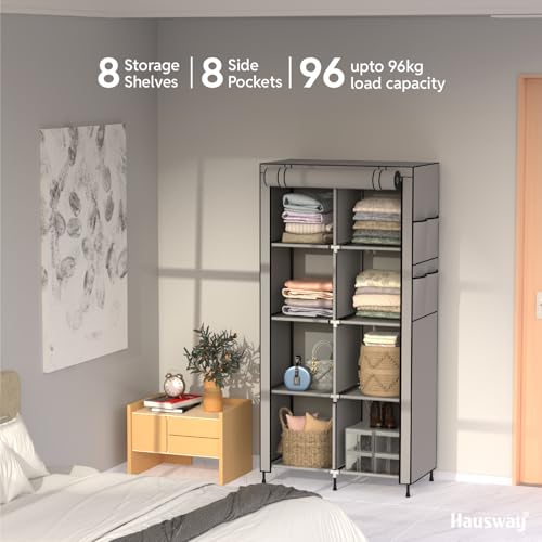 HAUSWAY Foldable Wardrobe for Clothes, Multipurpose Collapsible Fabric and Plastic Cupboard for Bedroom, 2-Door Wardrobe with 8 Shelves - Grey - Image 2