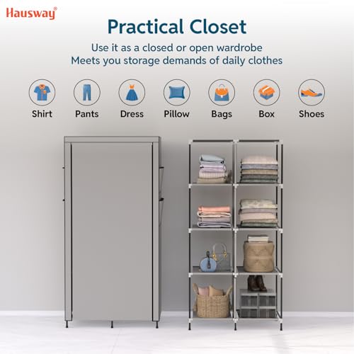 HAUSWAY Foldable Wardrobe for Clothes, Multipurpose Collapsible Fabric and Plastic Cupboard for Bedroom, 2-Door Wardrobe with 8 Shelves - Grey - Image 3