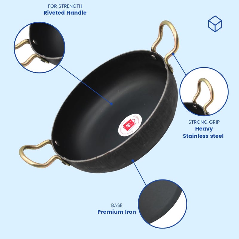 LAZYwindow Traditional Iron Cookware Set Fry Pan with Induction Base Deep Kadhai Tawa Insulated Handle Black Base 3 Pieces - Image 5