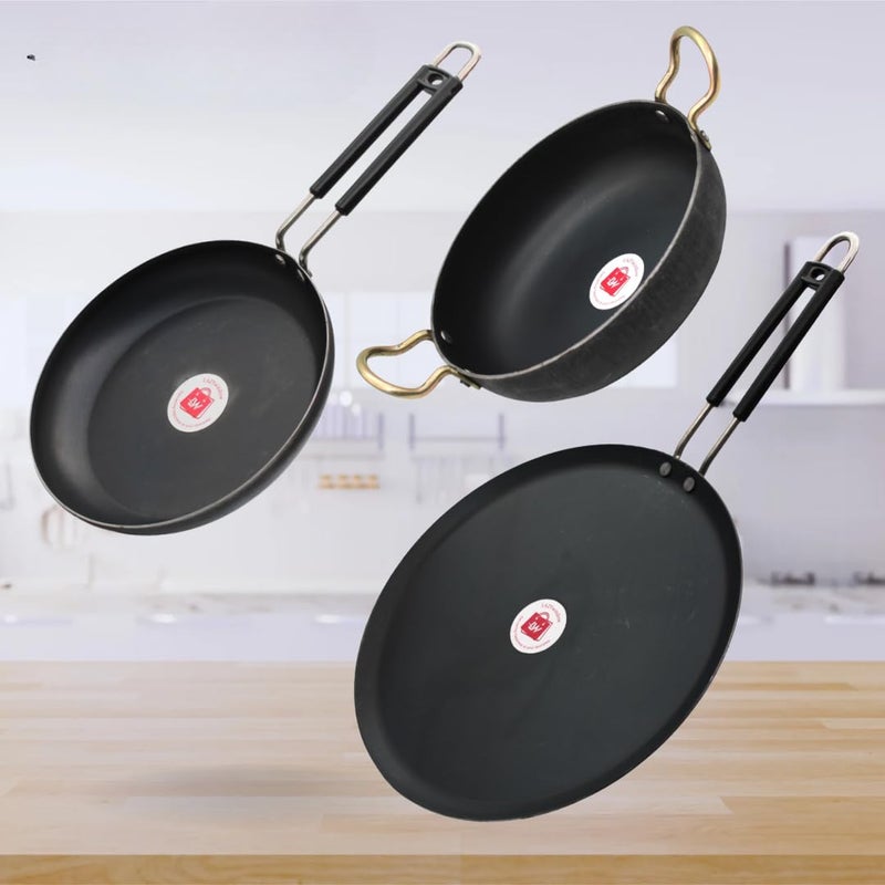 LAZYwindow Traditional Iron Cookware Set Fry Pan with Induction Base Deep Kadhai Tawa Insulated Handle Black Base 3 Pieces - Image 1