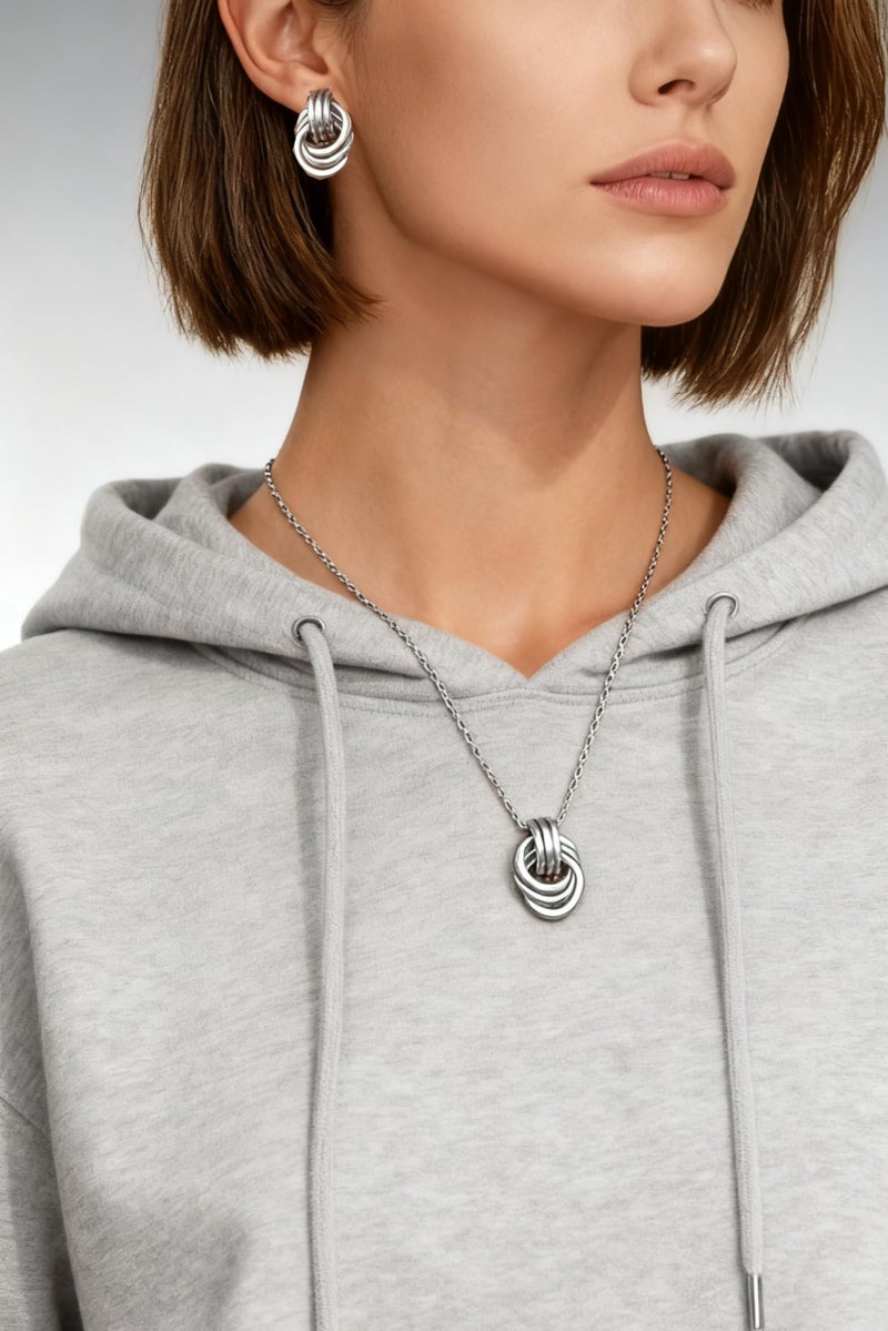 GAOKOXI Silver Knot Pendant Necklace Earrings Jewelry Set for Women Silver Statement Geometric Necklace Chain Link Choker Necklace Trendy - Image 3