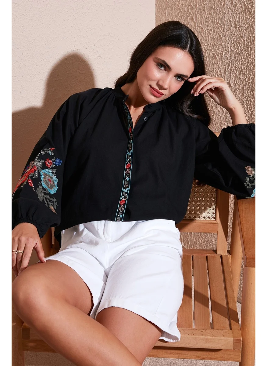 Lela Embroidered Cotton Regular Fit Balloon Sleeve Summer Shirt Women's Shirt 611BZ0173