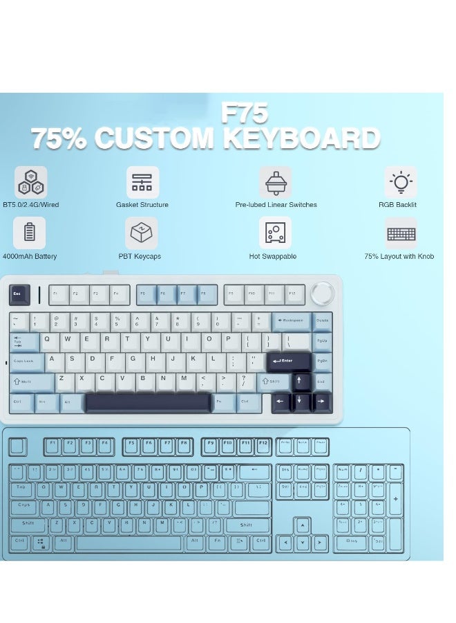 لوحة مفاتيح ميكانيكية لاسلكية، F75 75% قابلة للتبديل، لوحة مفاتيح مخصصة مع إضاءة RGB، ثلاثية الوضع، مزودة بعجلة تحكم، تعمل بتقنية 2.4GHz/USB-C/بلوتوث. - Image 3