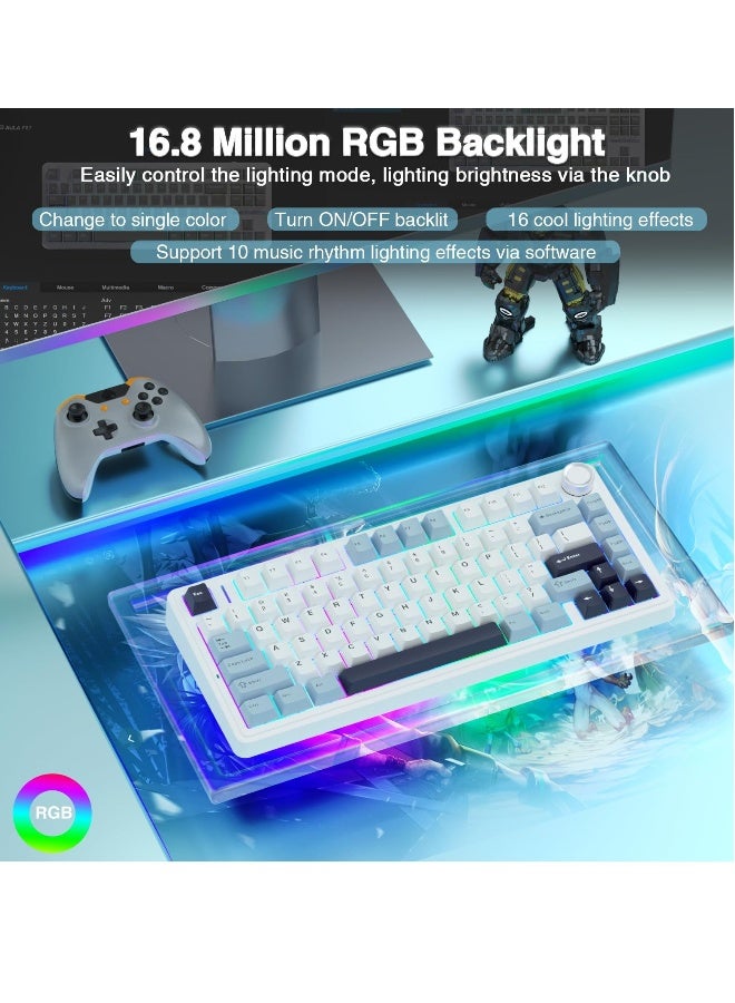 لوحة مفاتيح ميكانيكية لاسلكية، F75 75% قابلة للتبديل، لوحة مفاتيح مخصصة مع إضاءة RGB، ثلاثية الوضع، مزودة بعجلة تحكم، تعمل بتقنية 2.4GHz/USB-C/بلوتوث. - Image 2