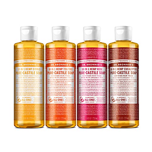 Dr. Bronner's Dr Bronners PureCastile Liquid Soap Variety Pack Citrus Tea Tree Rose Eucalyptus Made with Organic Oils 18in1 Uses Face Body Hair Laundry Pets Dishes 8oz 4Pack - Image 1
