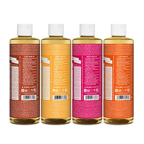 Dr. Bronner's Dr Bronners PureCastile Liquid Soap Variety Pack Citrus Tea Tree Rose Eucalyptus Made with Organic Oils 18in1 Uses Face Body Hair Laundry Pets Dishes 8oz 4Pack - Image 3