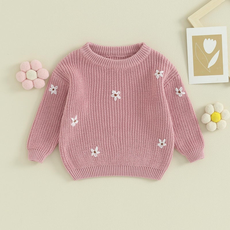 Mubineo Baby Girl Winter Clothes Cute Flower Sweater Crewneck Pullover Long Sleeve Knit Newborn Infant Sweaters (US, Age, 0 Months, 3 Months, Dusty Pink) - Image 2