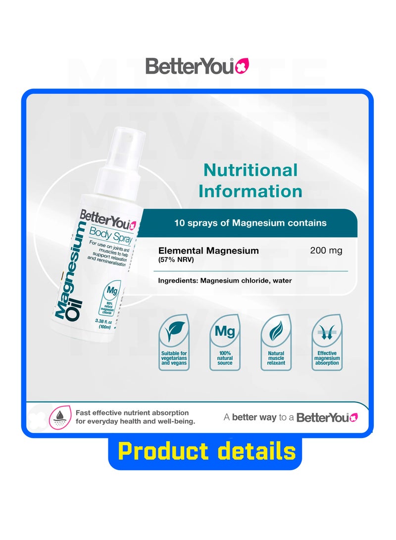 BetterYou Magnesium  Oil Body Spray Pure, Clean and Natural Source of Magnesium Chloride  Magnesium Spray 100ml (600 Sprays) - Image 3