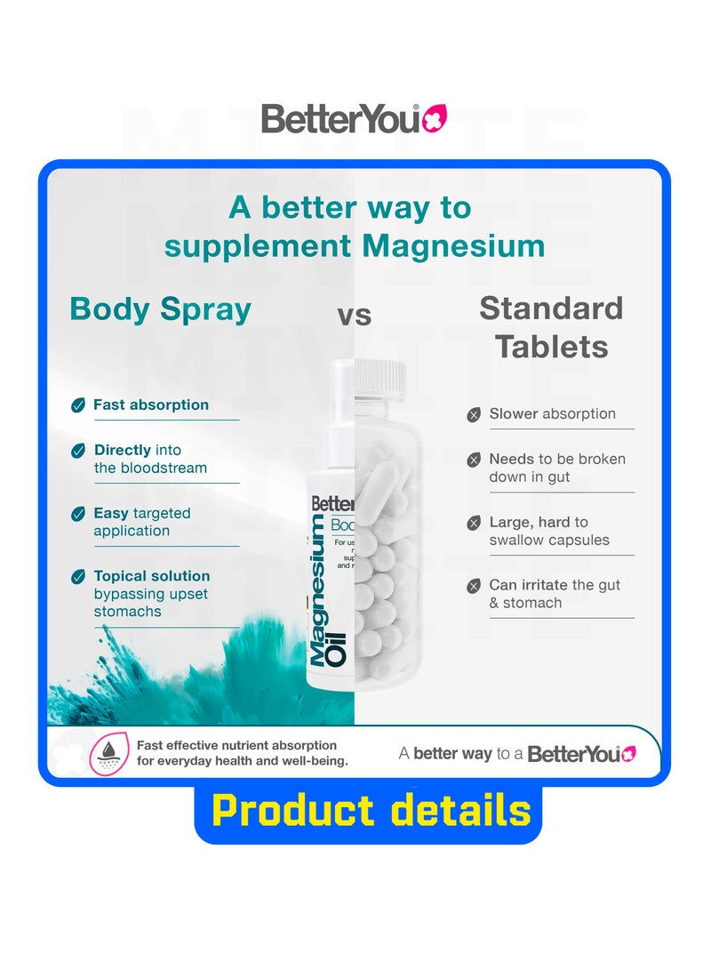 BetterYou Magnesium  Oil Body Spray Pure, Clean and Natural Source of Magnesium Chloride  Magnesium Spray 100ml (600 Sprays) - Image 4