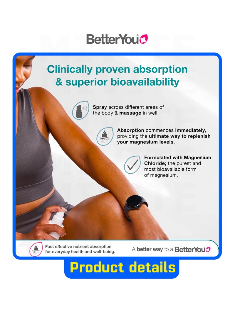 BetterYou Magnesium  Oil Body Spray Pure, Clean and Natural Source of Magnesium Chloride  Magnesium Spray 100ml (600 Sprays) - Image 5