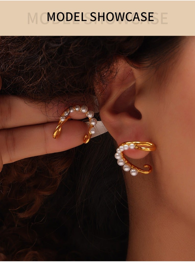 Generic - A pair of titanium steel earrings inlaid with shell pearls, C-shaped ear stud jewelry - Image 1