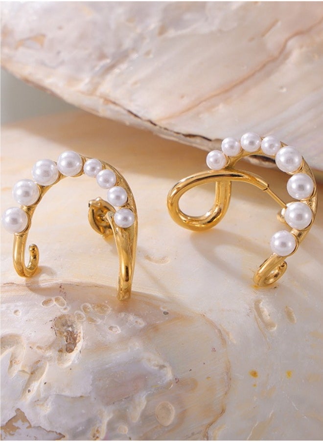 Generic - A pair of titanium steel earrings inlaid with shell pearls, C-shaped ear stud jewelry - Image 1