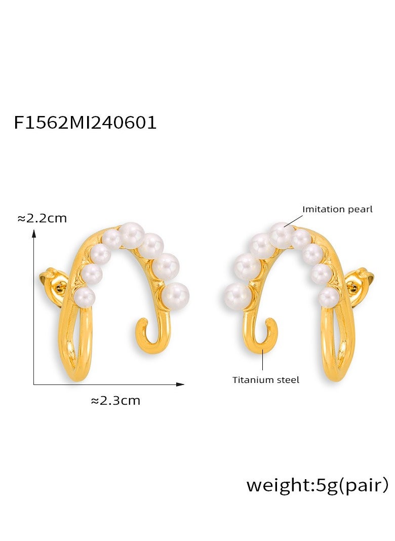 Generic - A pair of titanium steel earrings inlaid with shell pearls, C-shaped ear stud jewelry - Image 1