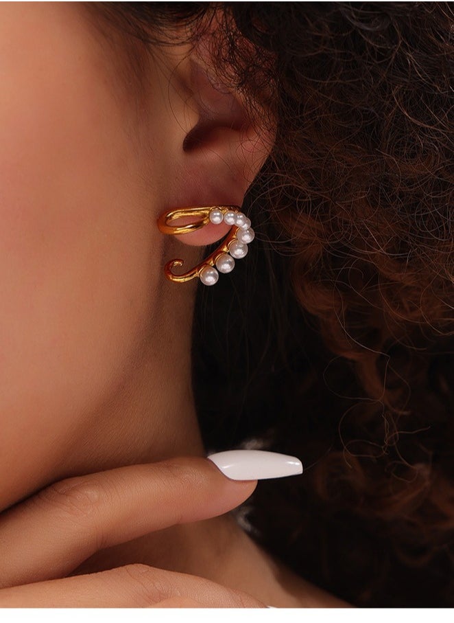 Generic - A pair of titanium steel earrings inlaid with shell pearls, C-shaped ear stud jewelry - Image 1