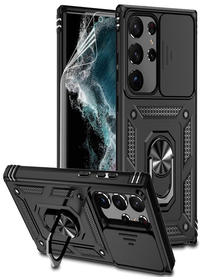 PUSHIMEI for Samsung Galaxy S23 Ultra Case with Slide Camera Cover HD Screen Protector [Military Grade Drop Tested] Magnetic Ring Holder Kickstand Protective Phone Case for Samsung Galaxy S23 Ultra 2023, Black - Image 1