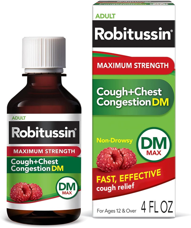 Robitussin Robitussin Adult Maximum Strength Cough + Chest Congestion DM Max (4 fl. oz. Bottle), Cough Suppressant & Expectorant, Raspberry Flavor 