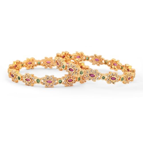 Rubans Set of 2, 22K Gold-Plated Ruby Pink & Emerald Green Stone Handcrafted Bangles | Elegant Wedding & Festive Jewelry - Image 1