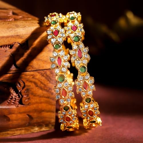 Rubans Set of 2, 22K Gold-Plated Ruby Pink & Emerald Green Stone Handcrafted Bangles | Elegant Wedding & Festive Jewelry - Image 2