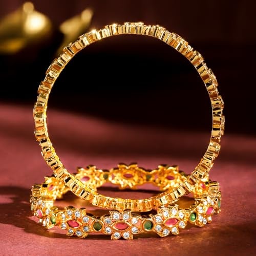Rubans Set of 2, 22K Gold-Plated Ruby Pink & Emerald Green Stone Handcrafted Bangles | Elegant Wedding & Festive Jewelry - Image 3