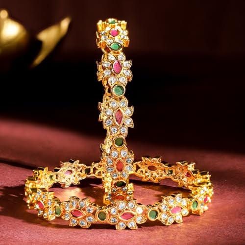 Rubans Set of 2, 22K Gold-Plated Ruby Pink & Emerald Green Stone Handcrafted Bangles | Elegant Wedding & Festive Jewelry - Image 4