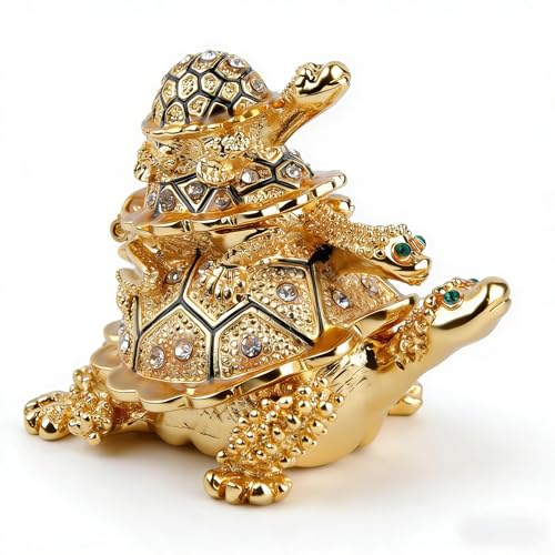 SEVENBEES Golden Bejeweled Sea Turtles Figurines Jewerly Trinket Boxes Hinged Turtle Trinket Box for Home Decor - Enameled Mother-Child Tortoise Animal Figurine Jewelry Ring Holder Box - Image 1