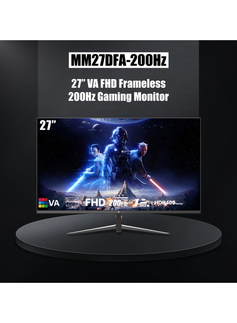 GXM MM27DFA-200Hz 27” Flat Frameless UltraFast Gaming Monitor, FHD1920x1080@200Hz, 16:9, Free Sync & G-Sync, 4000:1, LED Backlight, 1ms Response Time, 16.7M colors, 99% sRGB, Including Speaker, Black  - Image 1