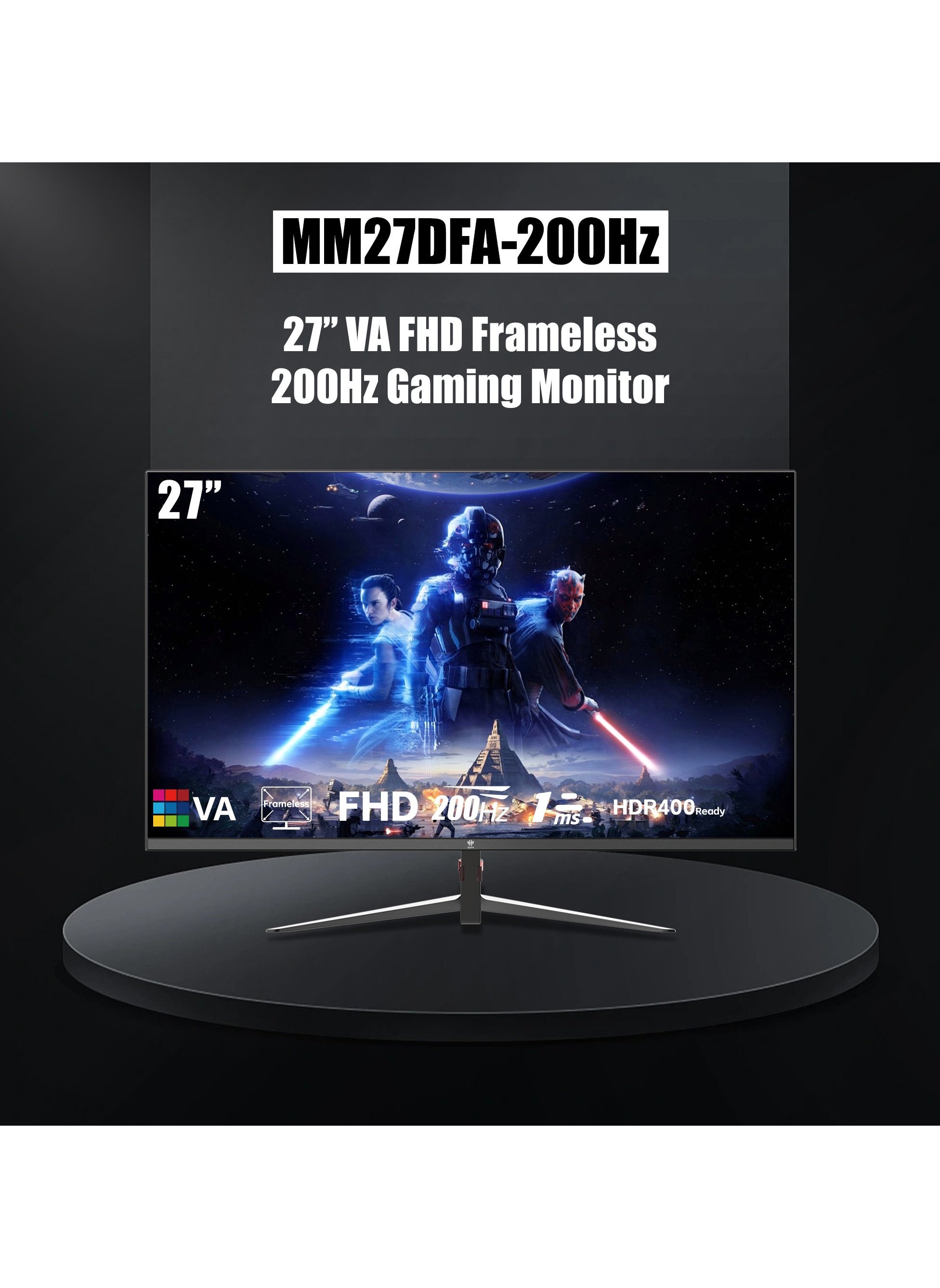 شاشة ألعاب GXM MM27DFA-200Hz 27 بوصة بدون إطار مسطحة فائقة السرعة، FHD1920x1080@200Hz، 16:9، Free Sync & G-Sync، 4000:1، إضاءة خلفية LED، وقت استجابة 1 مللي ثانية، 16.7 مليون لون، 99% sRGB، بما في ذلك مكبر الصوت، أسود 