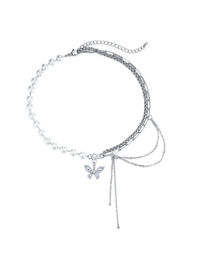 Goolsky قلادة لؤلؤة فراشة من زيركونيا مكعبة – سلسلة طويلة بتصميم ذيل طويل، فراشة وزيركون/لؤلؤ، حفلات/فعاليات رسمية، متلألئة - Image 3