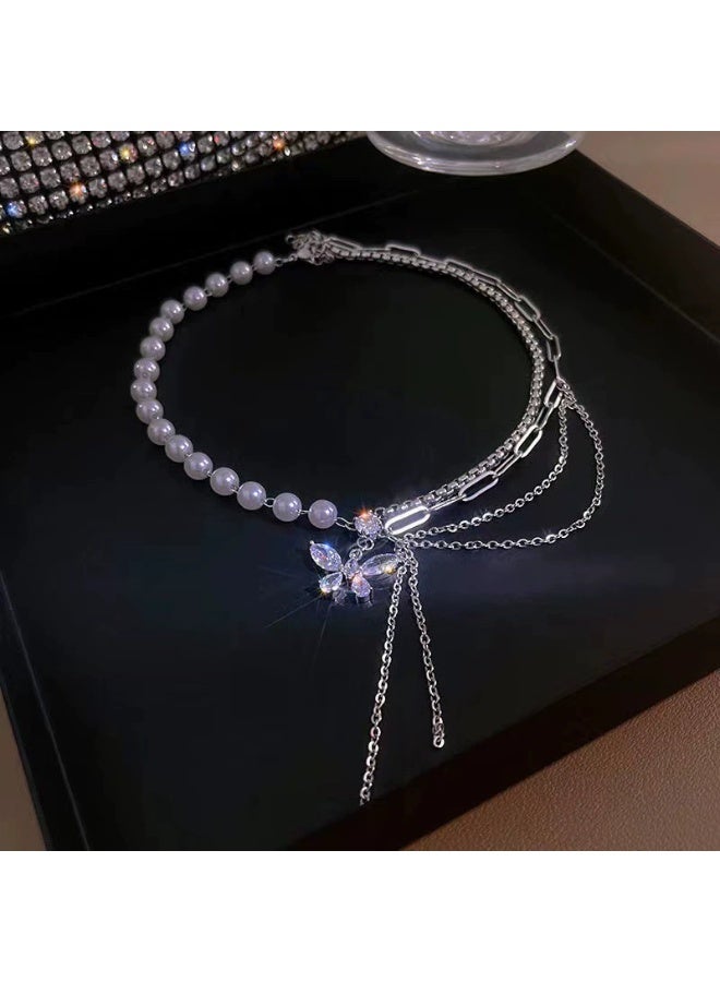 Goolsky قلادة لؤلؤة فراشة من زيركونيا مكعبة – سلسلة طويلة بتصميم ذيل طويل، فراشة وزيركون/لؤلؤ، حفلات/فعاليات رسمية، متلألئة - Image 1