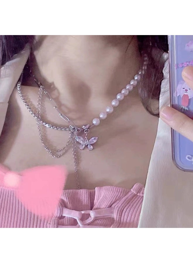 Goolsky قلادة لؤلؤة فراشة من زيركونيا مكعبة – سلسلة طويلة بتصميم ذيل طويل، فراشة وزيركون/لؤلؤ، حفلات/فعاليات رسمية، متلألئة - Image 4