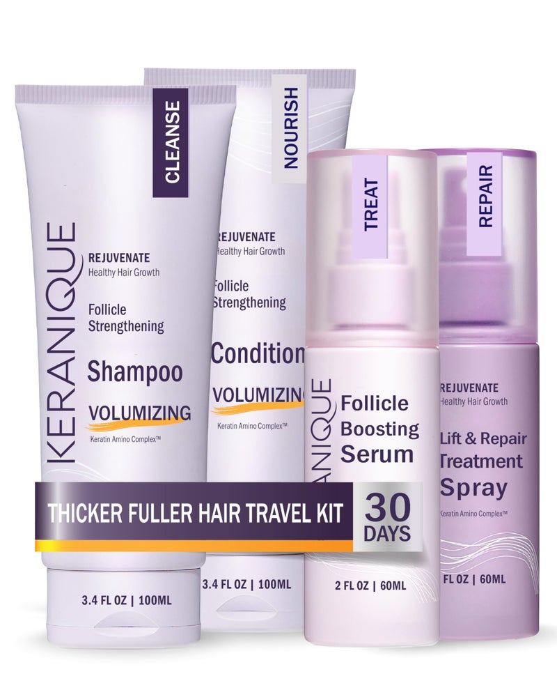 Keranique Hair Products Set for Thinning Hair - Volumizing Shampoo, Conditioner, Follicle Booster Serum, Spray for Fine Texture Boost, and Keratin Repair for Women - Image 1