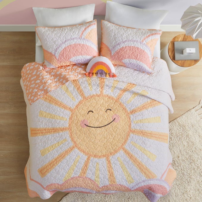 KIDS TWIN QUILT BEDDING SET COTTON COVERLET SUN GIRLS BEDDING SET RAINBOW CLOUDS REVERSIBLE DAWN LIGHT BREATHABLE SHAM THROW PILLOW TWIN YELLOWCORAL 3 PIECE