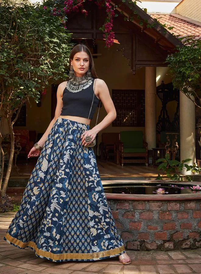 SASSAFRAS Navy Floral Elasticated Anarkali Skirt