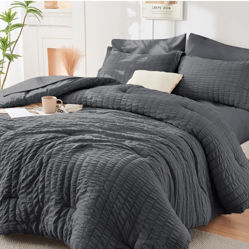 HYMOKEGE HYMOKEGE Queen Comforter Set Seersucker 7 Pieces All Season Luxury Bed in a Bag for Bedroom Bedding Set with Comforters Sheets Pillowcases  Shams Dark Grey 