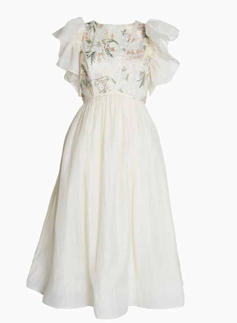 True Decadence Millie Pastel Flower Lace Binding detail Ruffle Sleeves Midi Dress