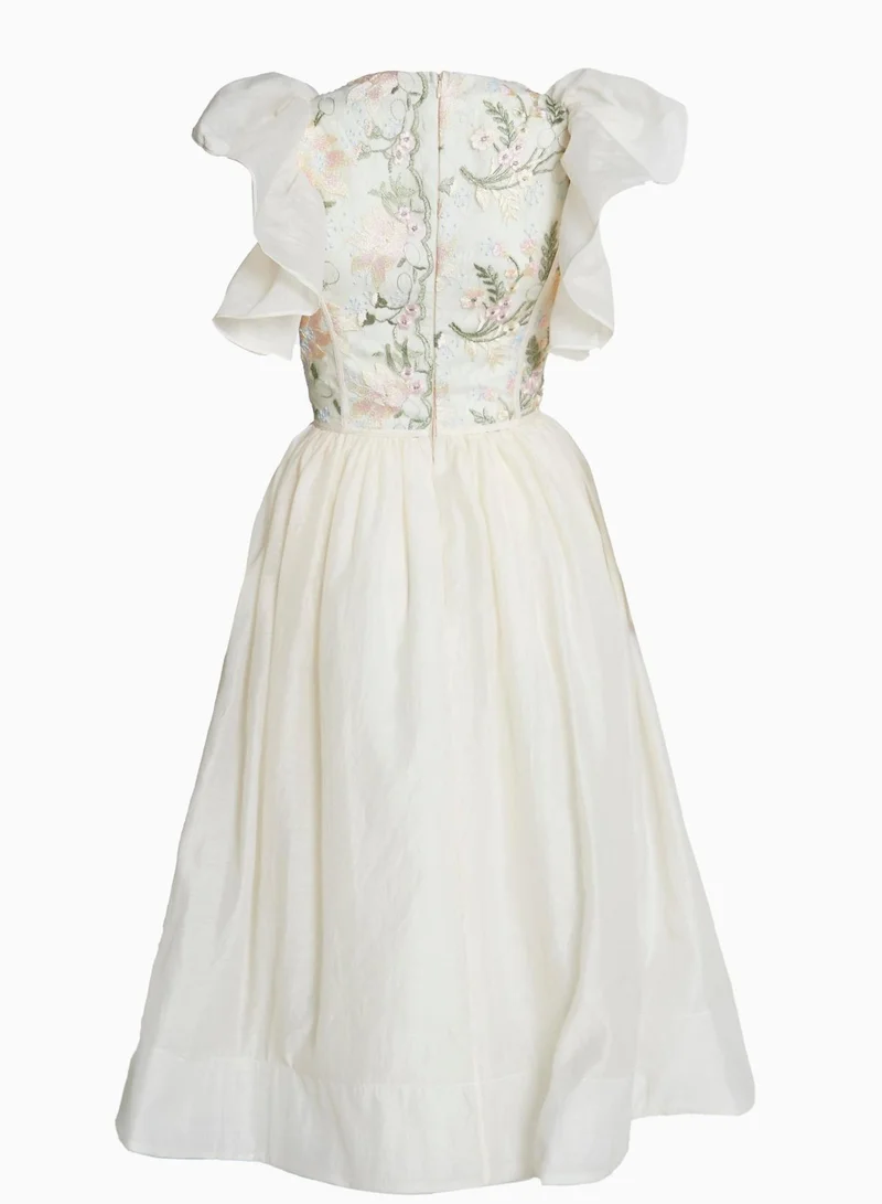True Decadence Millie Pastel Flower Lace Binding detail Ruffle Sleeves Midi Dress