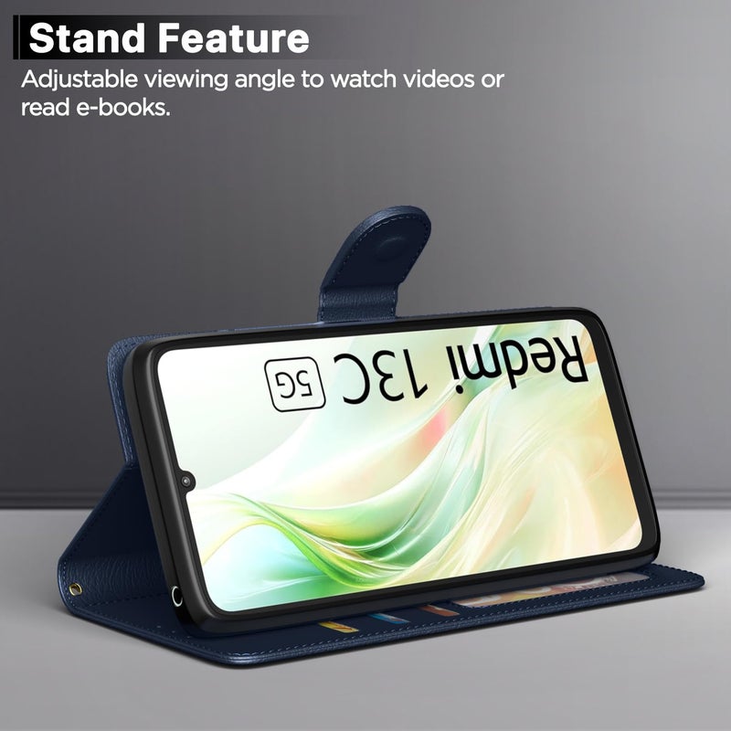 Pikkme Flip Cover Leather Finish | Inside TPU with Card Pockets | Wallet Stand and Shock Proof | Complete Protection Flip Case for Redmi 13C 5G(Blue) - Image 3