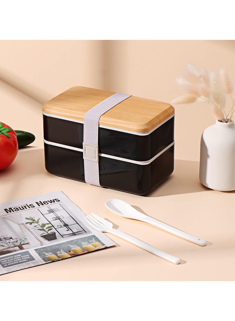Bento Box, Adult Lunch Box with Compartments for Women & Men,(47oz) Stackable Japanese Bento Lunchbox,Rectangle Lunchable Food Container with Utensil Set (Black)