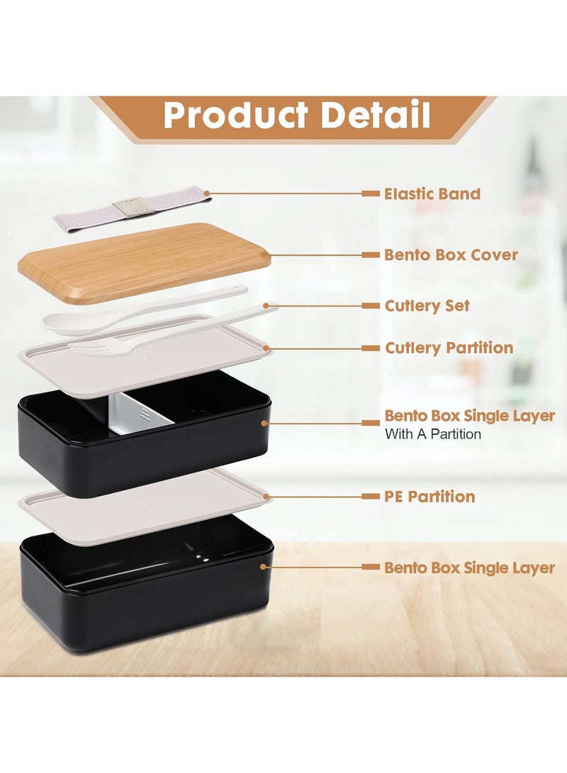 Bento Box, Adult Lunch Box with Compartments for Women & Men,(47oz) Stackable Japanese Bento Lunchbox,Rectangle Lunchable Food Container with Utensil Set (Black)