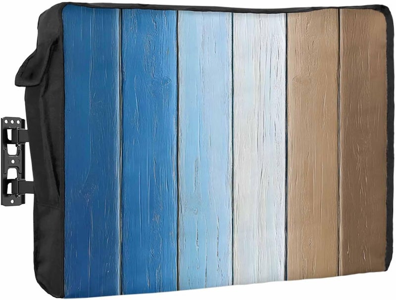 Blue Brown Waterproof Outdoor TV Cover, Gradient Wood Grain Farmhouse Retro Striped Outside Weatherproof TV Enclosures for 40 to 43 Inch LCD Television Shield Flat Screen Protectors - Image 1