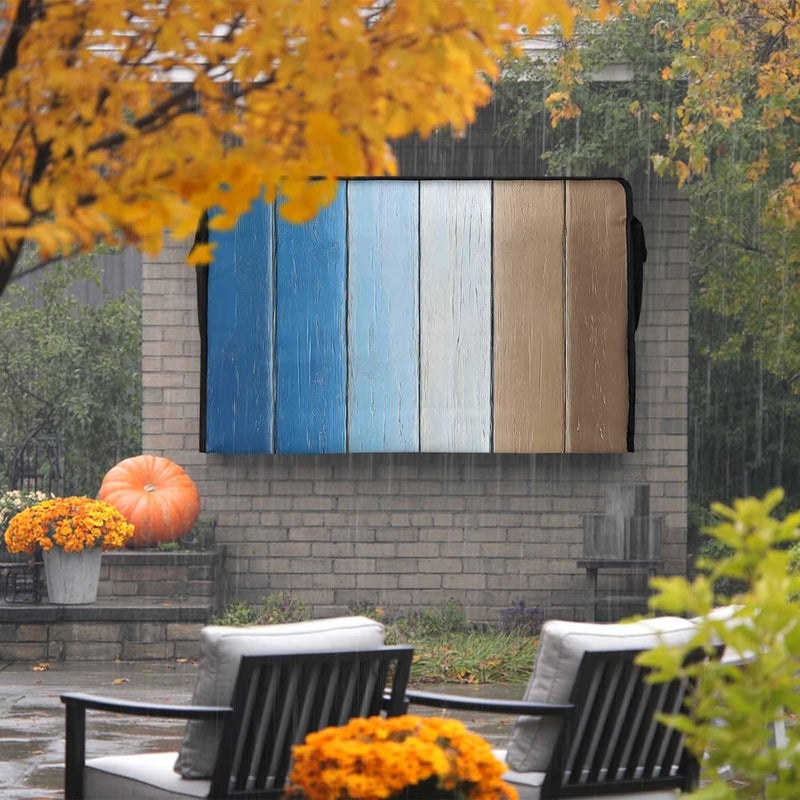 Blue Brown Waterproof Outdoor TV Cover, Gradient Wood Grain Farmhouse Retro Striped Outside Weatherproof TV Enclosures for 40 to 43 Inch LCD Television Shield Flat Screen Protectors - Image 2