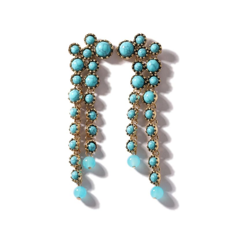 Dtja Round Circle Long Fringe Dangle Drop Earrings for Women Gold-Toned Vintage Birthstone Tassel Statement Charms Elegant Lightweight Birthday Holiday 50s 60s Jewelry (Turquoise) - Image 1