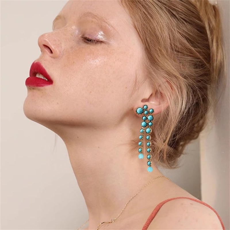 Dtja Round Circle Long Fringe Dangle Drop Earrings for Women Gold-Toned Vintage Birthstone Tassel Statement Charms Elegant Lightweight Birthday Holiday 50s 60s Jewelry (Turquoise) - Image 3