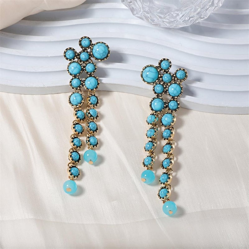 Dtja Round Circle Long Fringe Dangle Drop Earrings for Women Gold-Toned Vintage Birthstone Tassel Statement Charms Elegant Lightweight Birthday Holiday 50s 60s Jewelry (Turquoise) - Image 5