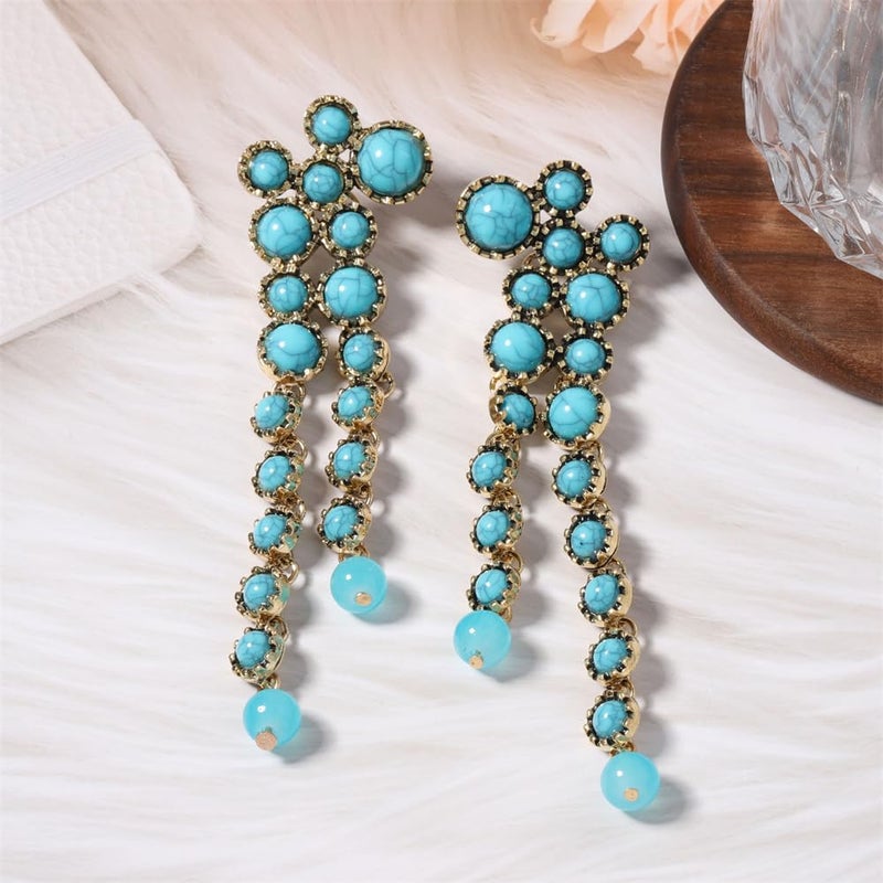 Dtja Round Circle Long Fringe Dangle Drop Earrings for Women Gold-Toned Vintage Birthstone Tassel Statement Charms Elegant Lightweight Birthday Holiday 50s 60s Jewelry (Turquoise) - Image 4