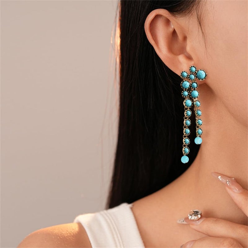 Dtja Round Circle Long Fringe Dangle Drop Earrings for Women Gold-Toned Vintage Birthstone Tassel Statement Charms Elegant Lightweight Birthday Holiday 50s 60s Jewelry (Turquoise) - Image 2