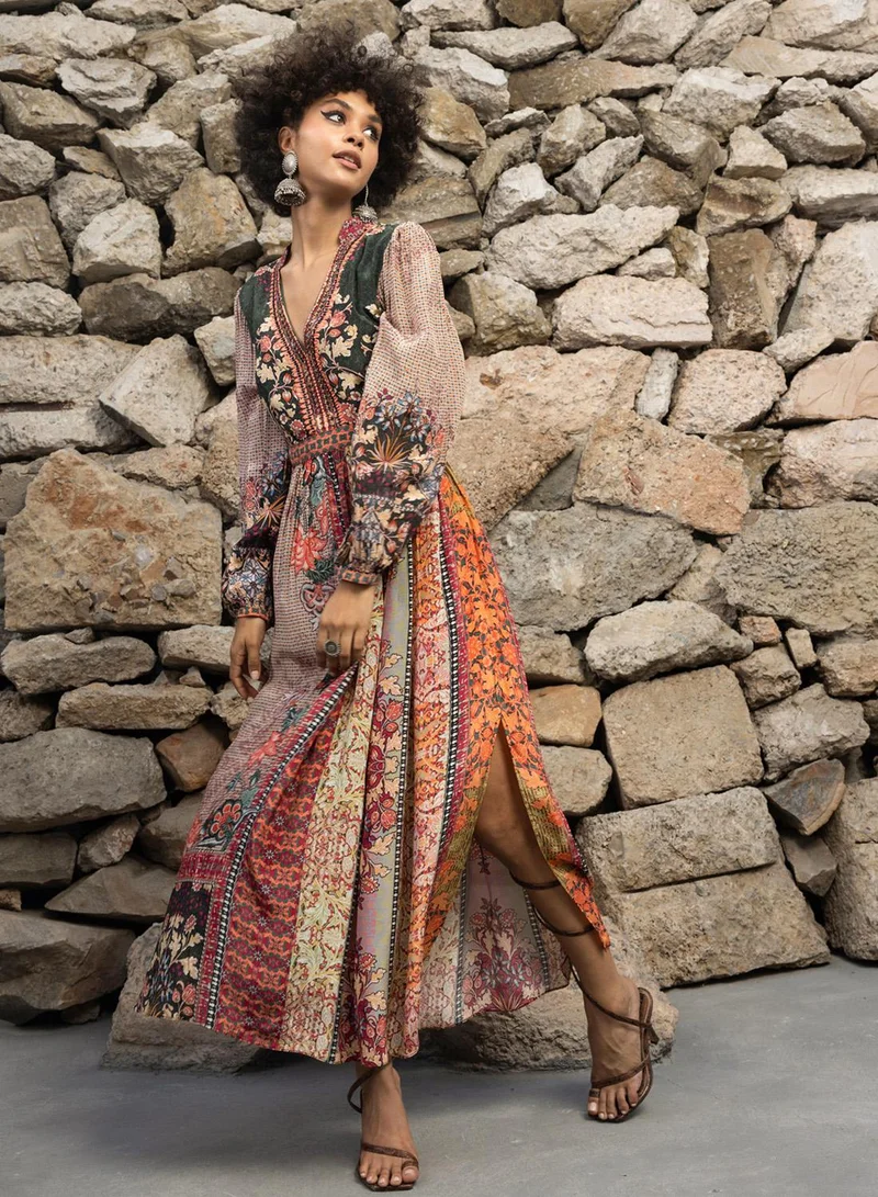 Bhanuni By Jyoti  APRICOT ORANGE AND HUNTER GREEN MAXI DRESS for Women | Best Price UAE